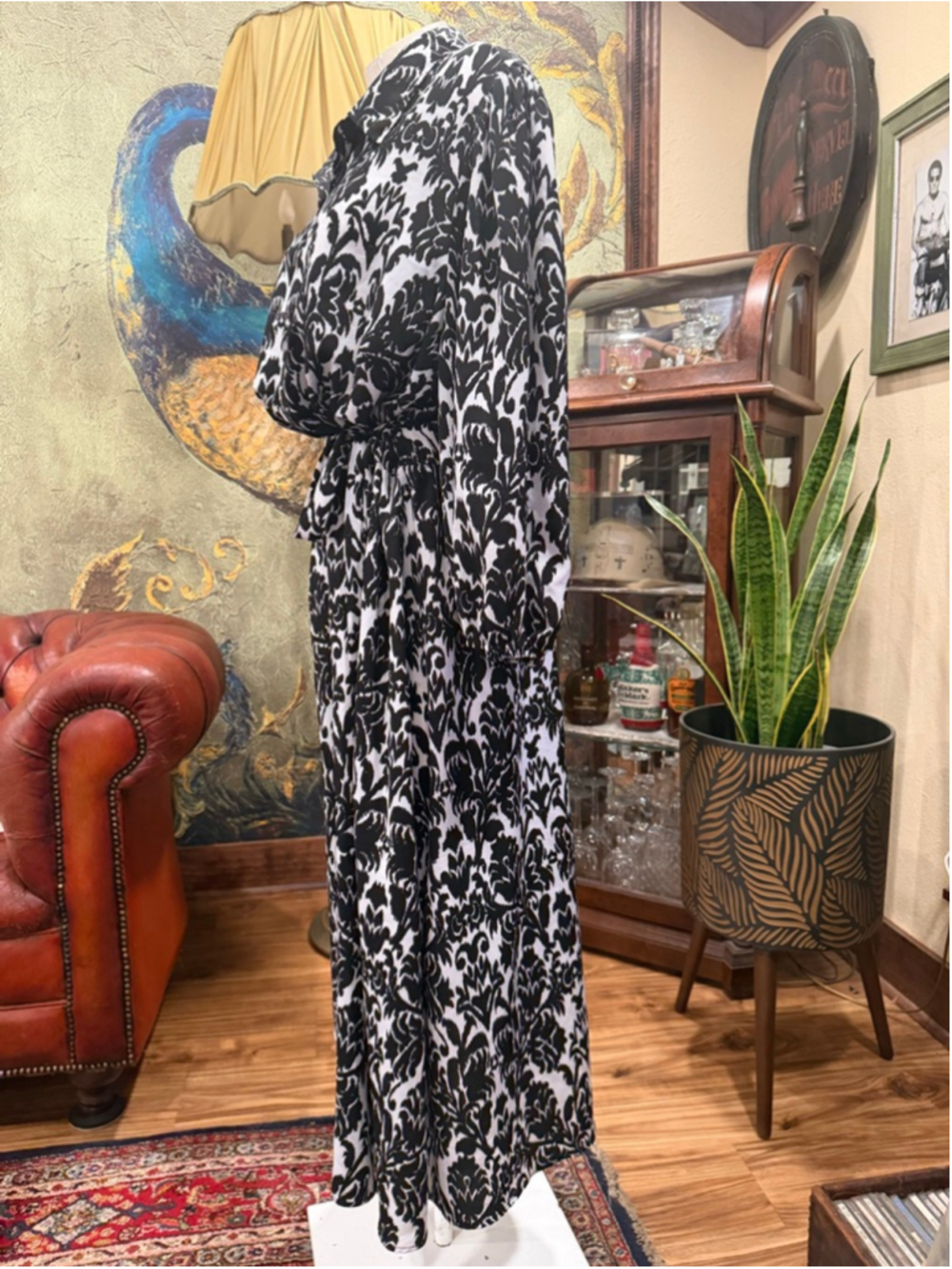 Emma & Michele Maxi Dress 3X Damask Print Black White Long Sleeve Shirt Dress - Picture 4 of 11